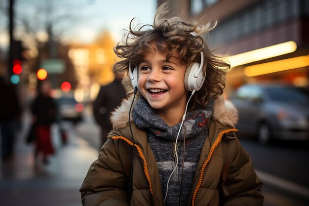 Un enfant écoutant de la musique sur des écouteurs de manière paisible et se balançant par Digital Native Gen Alpha Poor Concept