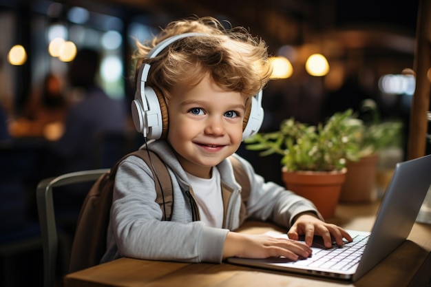 Photo un enfant avec des écouteurs un ordinateur portable et des devoirs pour des cours en ligne