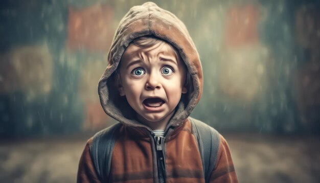 Un enfant effrayé en capuche avec une expression étonnée.