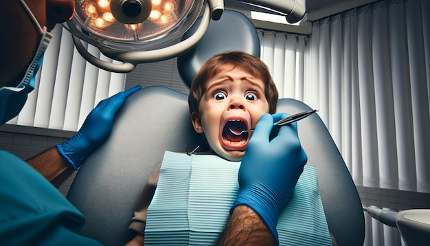 Un enfant effrayé dans un fauteuil dentaire dentisterie des enfants