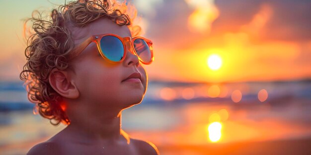 Enfant élégant avec des lunettes de soleil et une guirlande de fleurs