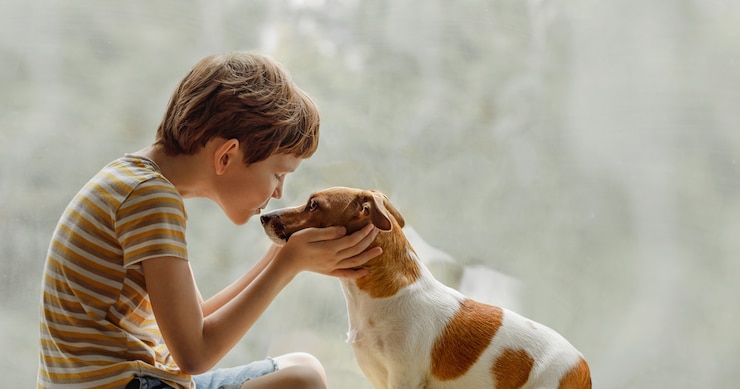 Photo enfant embrasse le chien dans le nez sur la fenêtre.