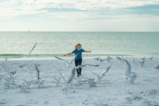 Enfant enfant insouciant courir vers un groupe d'oiseaux sur la plage de la mer enfant courant vers les oiseaux heureux mignon chil