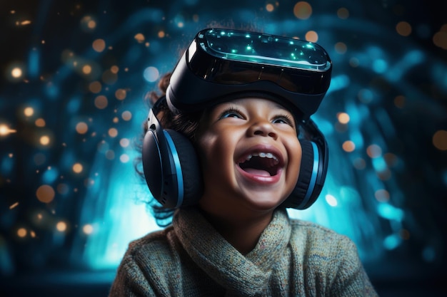 enfant ou enfant portant un casque VR avec un grand sourire sur le visage profitant d'une réalité virtuelle IA générative