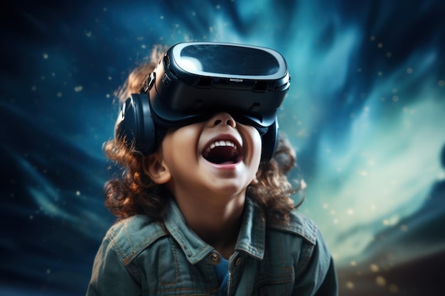enfant ou enfant portant un casque VR avec un grand sourire sur le visage profitant d'une réalité virtuelle IA générative