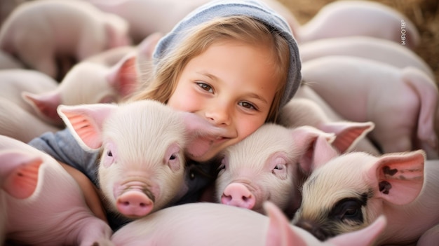 Photo un enfant enveloppé dans des cochons montrant l'amour entre l'homme et l'animal