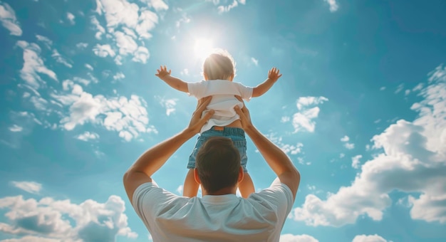 Un enfant sur les épaules d'un père tendant la main vers le ciel symbolisant le bonheur.