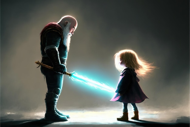 Photo enfant avec une épée rougeoyante contre un sorcier illustration de style d'art numérique peinture illustration fantastique d'un enfant se battant avec un sorcier