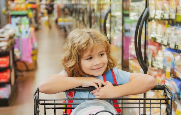 Enfant à l'épicerie ou au supermarché avec des marchandises dans le caddie