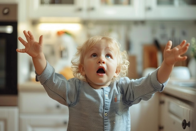 L'enfant essaie d'obtenir un verre de la cuisine mais ne l'atteint pas