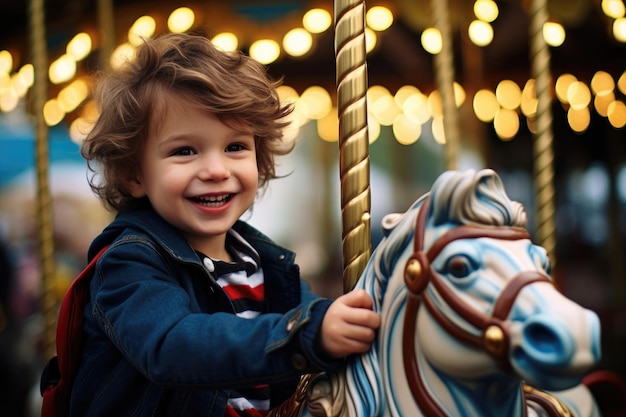 L'enfant est assis sur un carrousel dans un parc d'attractions et rit Swing cheval