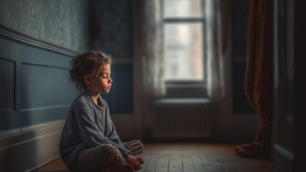 Un enfant est assis par terre dans une pièce sombre avec un livre par terre.
