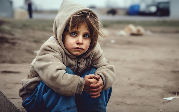 Un enfant est assis par terre dans un sweat à capuche gris et regarde la caméra