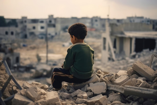 Un enfant est assis sur les ruines de sa maison après le bombardement.