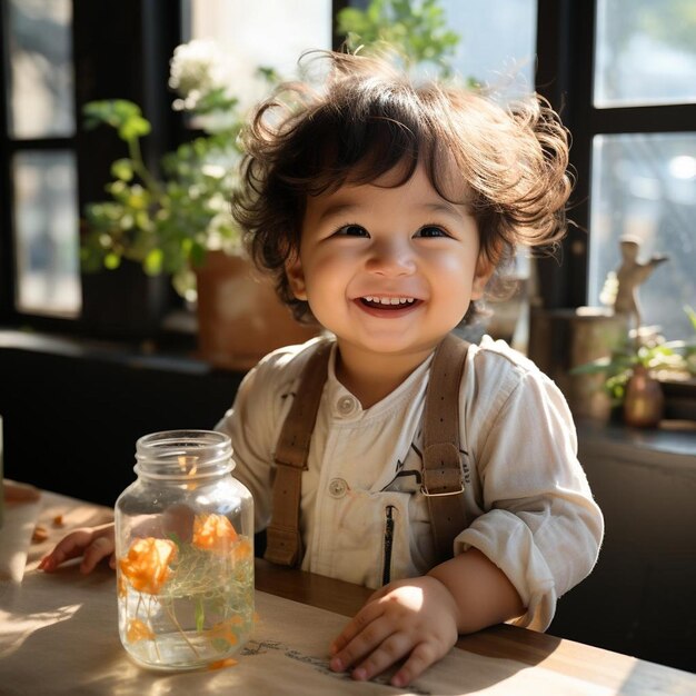 Un enfant est assis à une table avec un pot d'oranges devant lui.