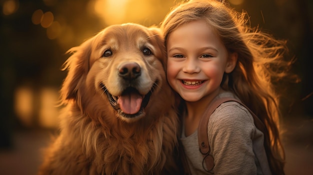 Un enfant étreignant un chien avec une fille l'étreignant
