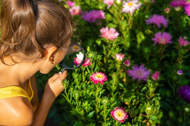 L'enfant examine les plantes avec une loupe. Mise au point sélective.