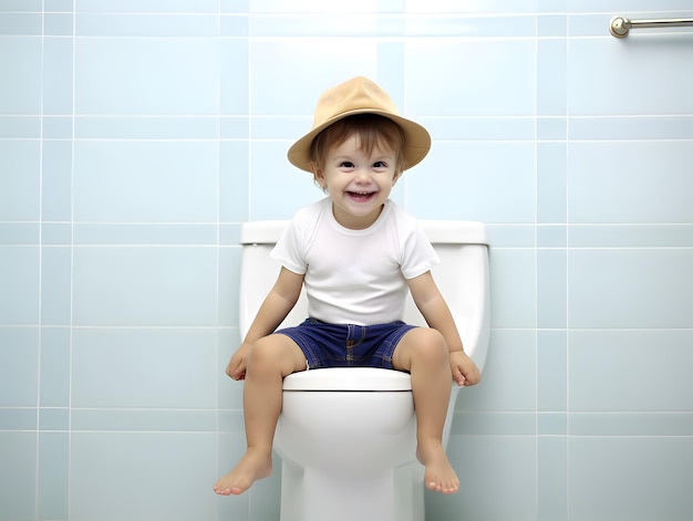 Un enfant excité assis sur les toilettes Concept d'habitude intestinale normale