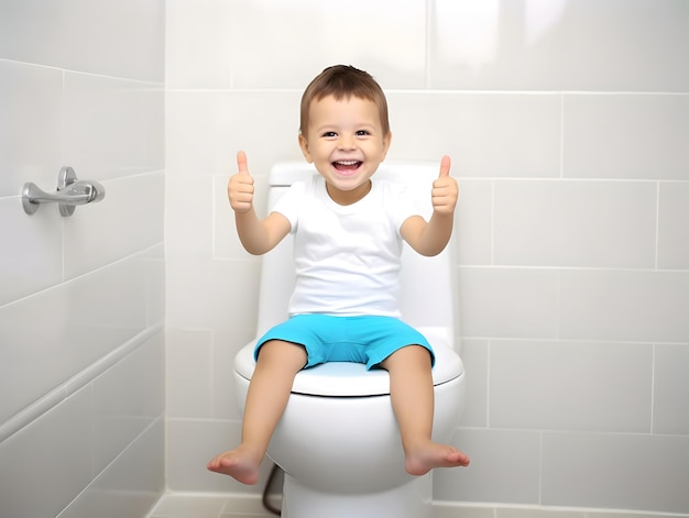 Un enfant excité assis sur les toilettes Concept d'habitude intestinale normale