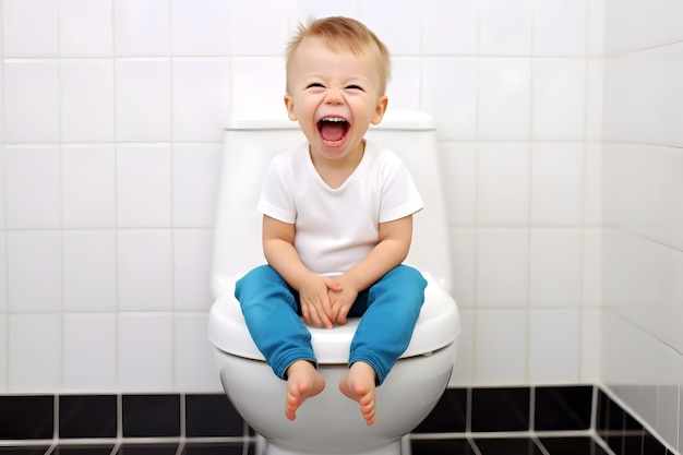 Un enfant excité assis sur les toilettes Concept d'habitude intestinale normale