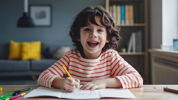 Un enfant excité dessinant avec un sourire. Une photo intérieure d'un enfant brunet avec un stylo et un cahier.