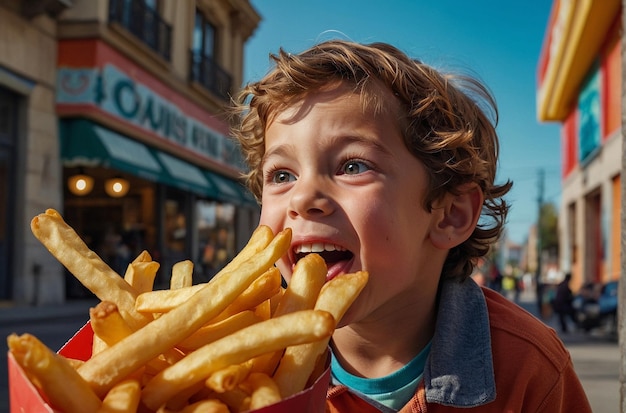 Enfant excité avec des frites géantes