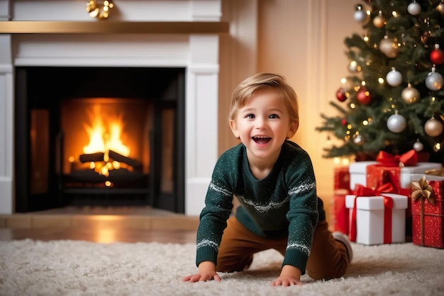 Enfant excité et heureux le jour de Noël à la maison