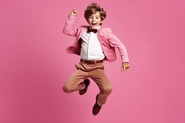 Un enfant excité saute un enfant en costume festif sur un fond rose Un garçon européen heureux sur une maquette d'espace de copie pour une bannière publicitaire Concept de mode et de vêtements pour enfants Retail IA générative