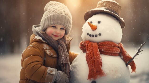 Photo un enfant fabriquant un bonhomme de neige chérissant les moments de neige avec créativité