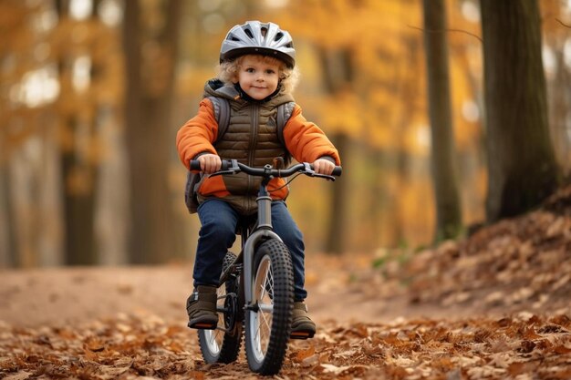 un enfant fait du vélo dans les bois avec une veste.