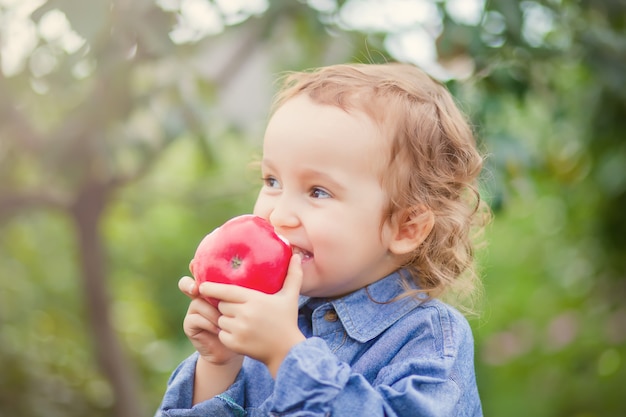 Enfant fille mange une pomme dans un jardin en pleine nature