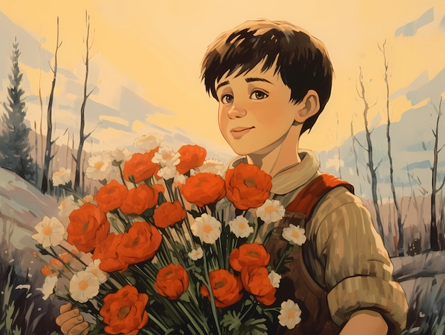 un enfant avec des fleurs