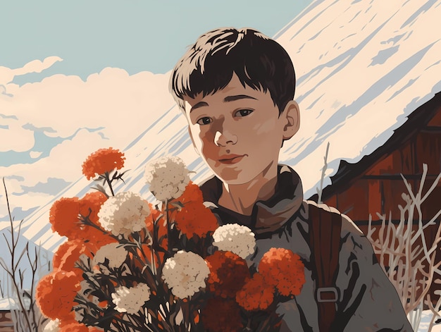 un enfant avec des fleurs