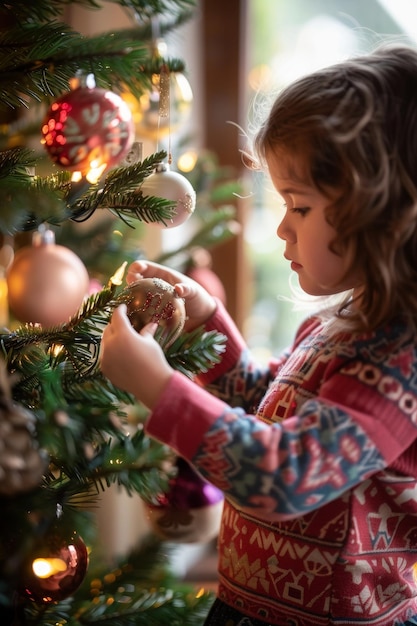 enfant sur le fond d'un arbre de Noël IA générative