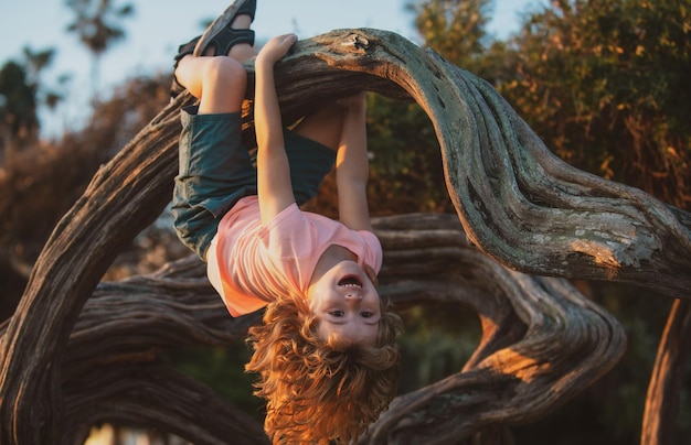 Enfant garçon dans le parc, grimper sur une corde d'arbre.