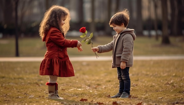 Un enfant garçon donne une rose unique à sa petite amie dans le minimalisme du parc