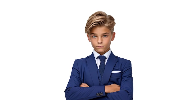 Enfant de garçon d'homme d'affaires traversant les deux mains portant un costume bleu généré par l'IA