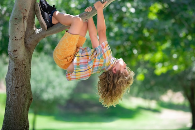 Enfant garçon jouant et grimpant à un arbre et à une branche suspendue