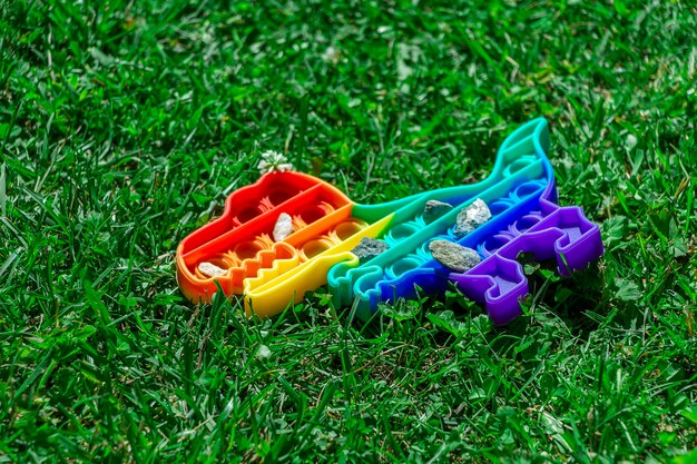 Enfant garçon jouer avec pop il sur l'herbe dans le parc. Nouveau jouet de développement sensoriel en forme de dinosaure avec des bulles de silicone arc-en-ciel colorées. Jeu de remuement à la mode, anti-stress et soulagement de l'anxiété.