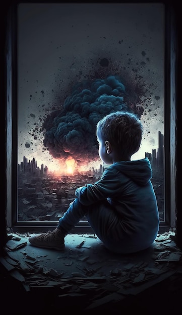 Enfant garçon regarde par la fenêtre avec des explosions de bombes dans une ville détruite concept no war Generative AI