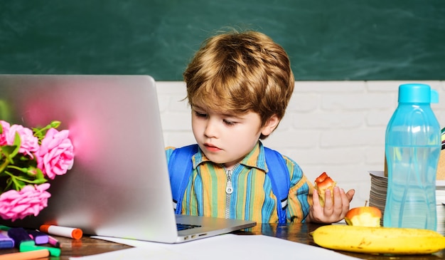 Enfant garçon travaille avec ordinateur portable. Devoirs. Cours. Matières scolaires. Notion d'éducation. E-learning. Test en ligne.