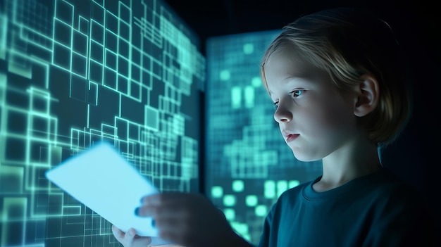 Enfant garçon utilisant le concept de technologie de tablette Illustration AI GenerativexA