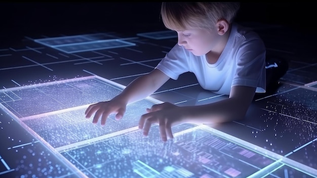 Enfant garçon utilisant le concept de technologie de tablette Illustration AI GenerativexA