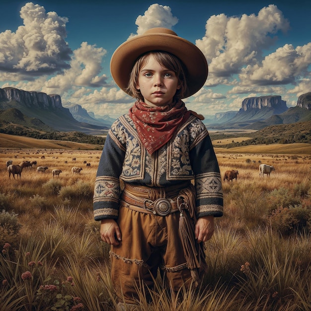 Enfant gaucho dans le champ avec le ciel bleu Rio Grande do Sul généré par l'IA