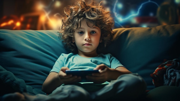 Un enfant de la génération alpha adepte du numérique s'allonge confortablement sur un canapé et s'engage avec des gadgets depuis l'aube.