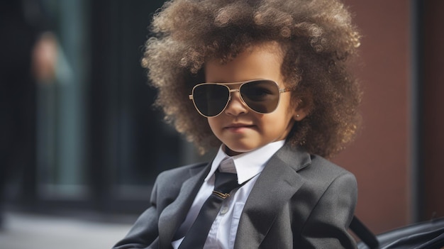 Un enfant avec de grands cheveux portant des lunettes de soleil