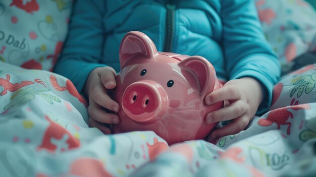 un enfant en gros plan dans un lit avec une caisse à la main