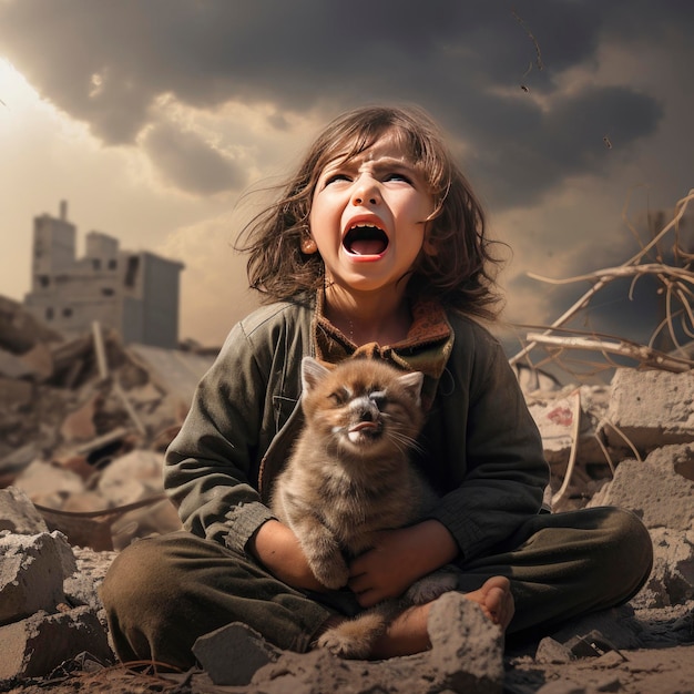 l'enfant de la guerre de Gaza pleure avec le chat de l'animal sous le bombardement