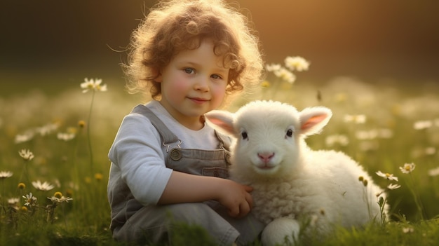 un enfant sur l'herbe avec un petit agneau AI générative AI