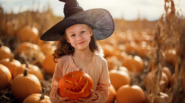 Une enfant heureuse avec des citrouilles orange dans le champ en plein air Une famille heureuse se prépare pour Halloween